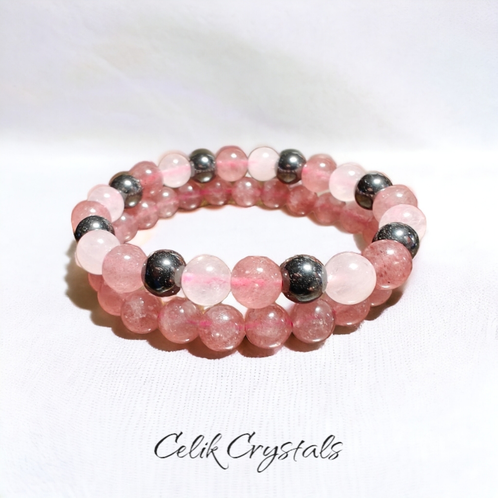 Strawberry/Rose Quartz Women's Bracelet Stack 8mm